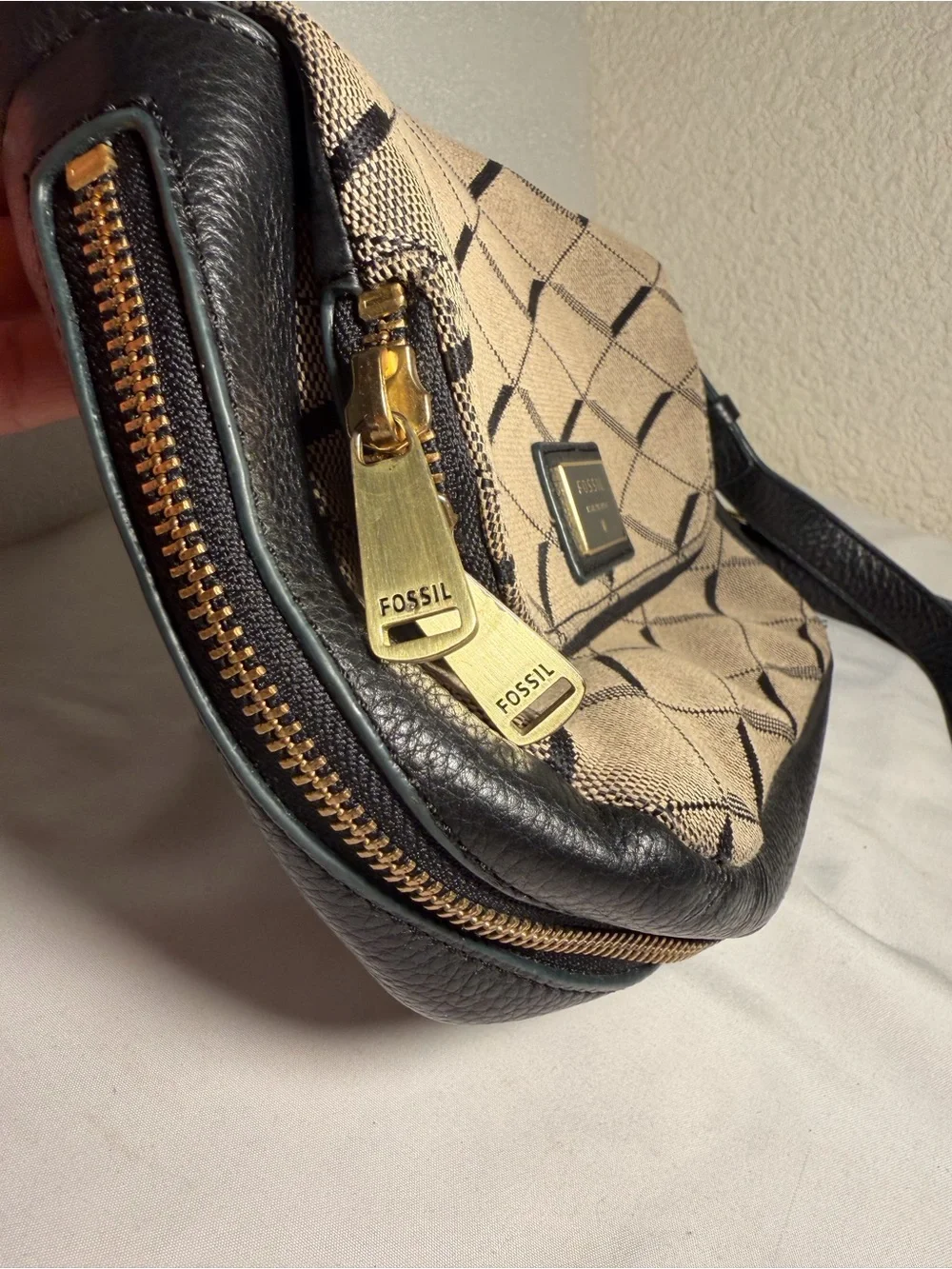 Fossil Taupe Patterned Crossbody with Black Trim
